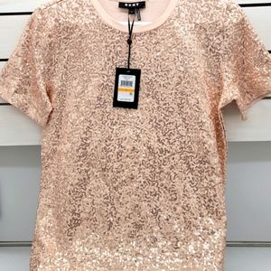 NWT, DKNY, women's rose gold, glitter short sleeve shirt, Size small
